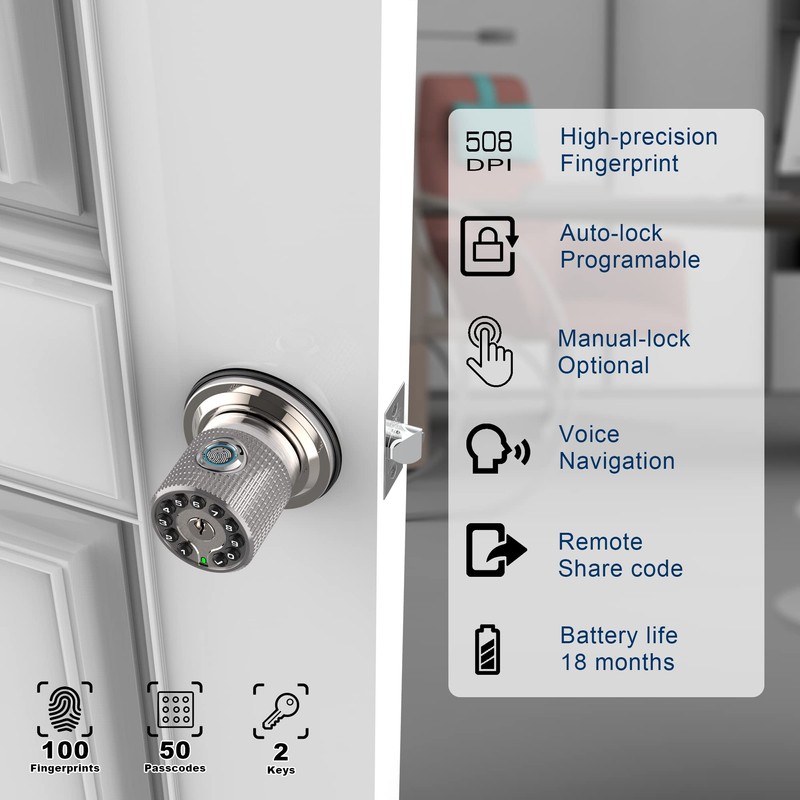 iuknob Fingerprint Door Knob with Keypad and Key,Smart Biometric Digital