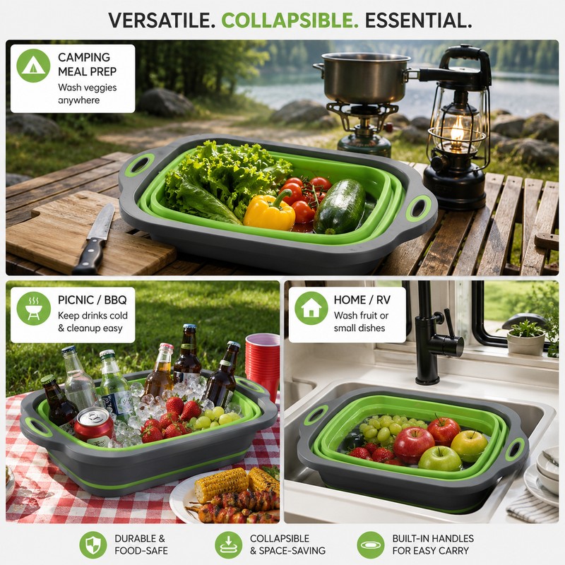 Collapsible Cutting Board & Dish Basin for Camping – Foldable