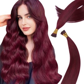 MioYio I Tip Hair Extensions Human Hair 50G/Pack Human Hair Itip Human Hair Extensions #99J Wine Red Pre Bonded I Tip Real Hair Extensions Long Straight Burgundy 20Inch