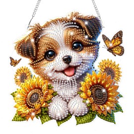 Lxmsja 5D Diamond Painting Anhänger Hund, Sonnenblume Diamond Painting Fensterbilder Beidseitig für Erwachsene Kinder, Bastelset Kreativ Set, Hängend Ornament Kranz Tür Fenster Wand Eingang Decor