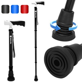 WLKPAL Adjustable & One-Button Folding Walking Cane for Women & Men, WLKPAL A-4, All-New Unibody Safety Tech, 2 Swappable All-Terrain Tips, Anchor Series Cane for Portability (Black)