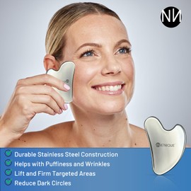 Natnique Stainless Steel Gua Sha - Metal Gua Sha Facial Tool, Heart Shaped. Firm Face Muscles, Reduce Puffiness, Facial Tension, Helps Lymphatic Drainage. Durable Tool with Travel Pouch