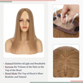 S-noilite Hair Toppers for Women Real Human Hair Topper No Bangs 100% Remy Human Hair Toppers Wigs Clips in Hair Pieces for Thinning Hair/Hair Loss(10 Inch,Light Brown)