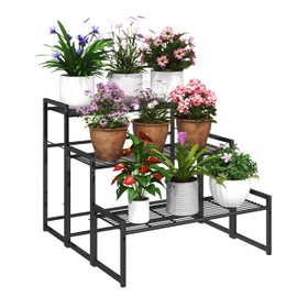 Simple Trending 3 Tier Metal Plant Stand Outdoor Indoor Waterproof, Stackable Heavy Duty Tall Plant Shelf Flower Pot Holder for Garden, Display Rack, Black