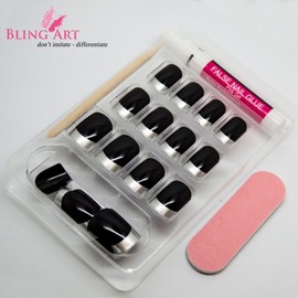 Bling Art False Nails French Manicure Black Silver Full Cover Medium Tips UK