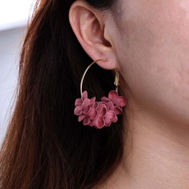 TseenYi Boho Fabric Flower Hoop Earrings Red Flower Petal Hoop Earrings Gold Floral Circle Hoop Earrings Vintage Flower Round Dangle Hoop Earrings Floral Bridal Earrings for Women, Zinc, No Gemstone