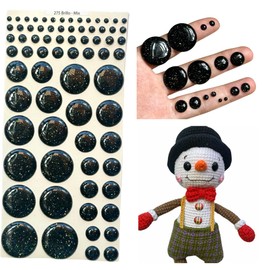 Adhesive or Self-Adhesive 3D Resin Eyes, 36 Pairs in Black with Glitter, (Various Sizes in The Same Blister), for use with Clay, Cold Porcelain, Sculpture, Polymer Clay, EVA, Felt, Fabric, Plaster