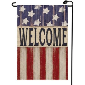 4th of July Patriotic Welcome Garden Flag 12x18 Inch Double Sided for Outside Memorial Independence Day Retro American Stars and Stripes Yard Decoration Flag MG19