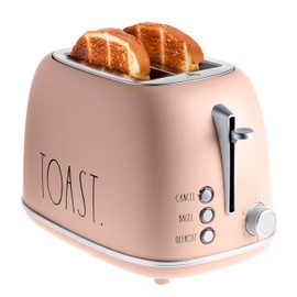 Rae Dunn Retro Rounded Bread Toaster, 2 Slice Stainless Steel Toaster with Removable Crumb Tray, Wide Slot with 6 Browning Levels, Bagel, Defrost and Cancel Options, Blush