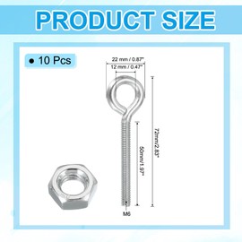 PATIKIL M6x50mm Eye Bolts, 10 Pcs Carbon Steel Threaded Eyebolt Eye Hooks Screws with Nut for Hanging or Securing Cables Silver
