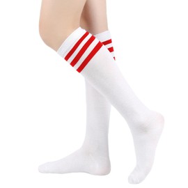 AWAVM Knee High Socks, Casual Thigh High Socks White Black Striped Boot Socks, 3 Striped Long Tube Stockings for Women Girls Daily Wear (UK, Alpha, One Size, Regular, Regular, Red)