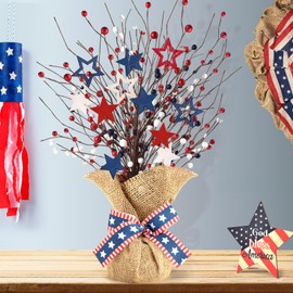 Kenburg 4th of July Artificial Tree Tabletop Decor Patriotic Tree Red Blue White Artificial Berry Stem Picks wooden Star Shaped Decor Burlap Base Farmhouse Tree for Independence Day Home Party Wedding