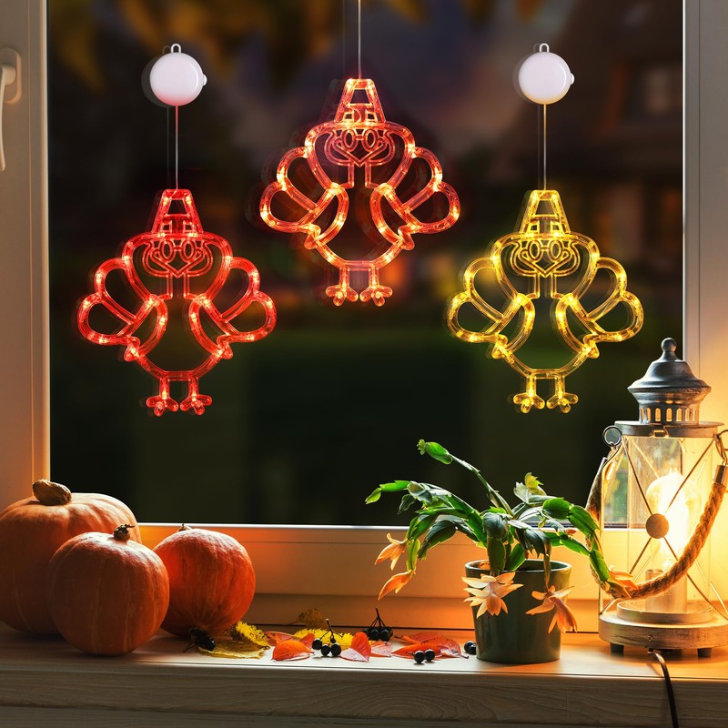 [Timer] 3 PCS Thanksgiving Turkey Fall Decorations Window Lights, Battery