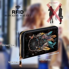 GFRGTFHYT Womens Wallet, Large Capacity RFID Blocking PU Leather Wristlet Wallets for Women Ladies Men Credit Card Holder Zipper Wallet Phone Holder Clutch Travel Purse, Dream Catcher Flowers