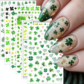 6 Sheets St. Patrick's Day Nail Art Stickers for Nail Art Green Shamrock Nails Stickers 3D Self Adhesive Heart Maple Leaves Clover Nail Decals St. Patrick's Day Nail Design Stickers for Women Holiday