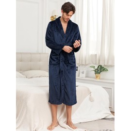 RONGTAI Mens Plush Long Robe Soft and Warm Full Length Bathrobe (Navy Blue, XXL)