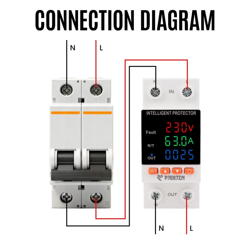 PJERJZN 230V 63A Smart Voltage Protector - Adjustable Over/Under Voltage