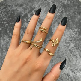 Sgoeths Gold Snake Rings Set for Women Vintage Knuckle Snake Flower Rhinestone Joint Midi Finger Rings Set SIze Mixed For Punk Jewelry (5 Pcs Gold Snake)