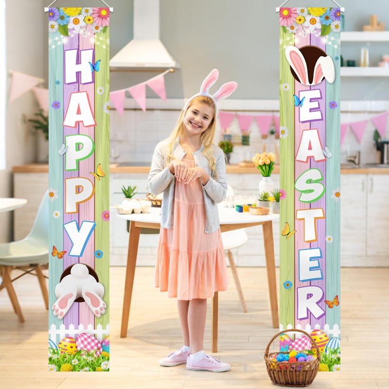 Happy Easter Porch Banner Bunny Egg Rabbit Daisy Party Front