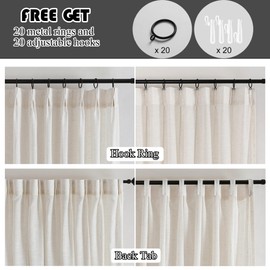 Ftinala Natural Cream Pinch Pleated Sheer Linen Curtains 90 Inch Long 2 Panels Set, Farmhouse Curtain & Drapes for Living Room, Textured Window Treatments with Rings & Hooks & Back Tab