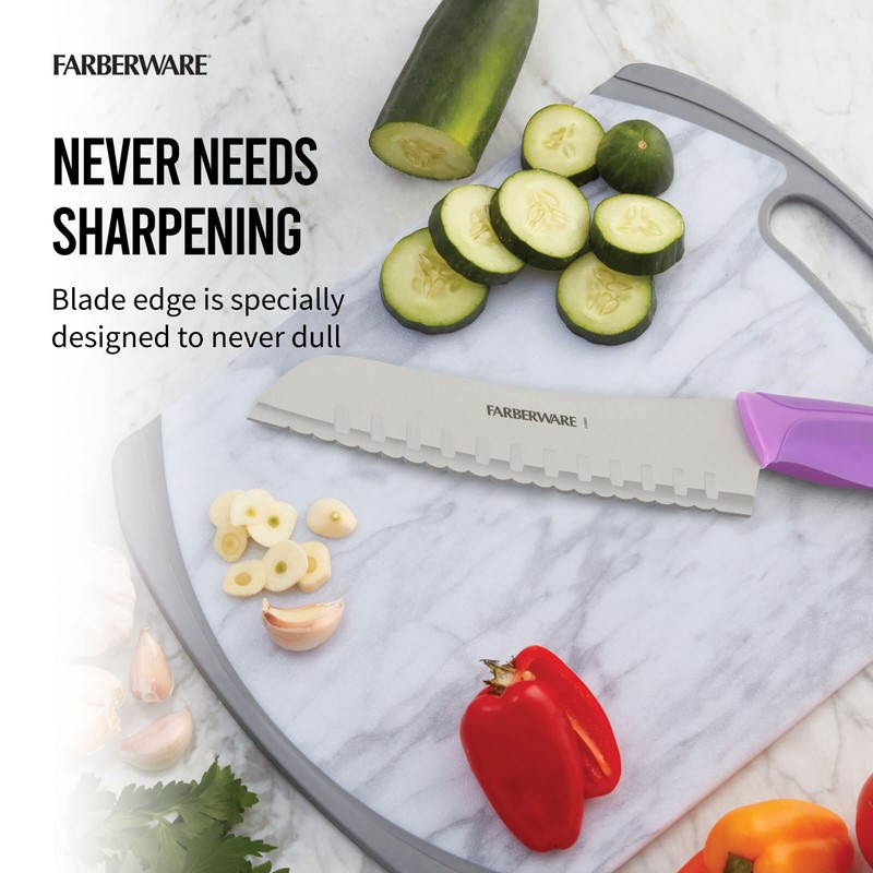 Farberware Precise Slice Serrated Santoku Knife, 7 Inch, Purple
