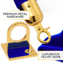 Blue Velvet Hanging Rope with Loops – Wall Mount 5FT VIP Blue Rope with Hook Gold Loop Wall Plate Set for Events & Parties Crowd Control