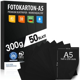 50 Sheets Black Craft Card 300 g/m² - Premium Paper Jet Black - DIN A5 - Printer Paper Black Blank for Photography, Presentations, Crafts, Photo Cardboard, Made in Germany