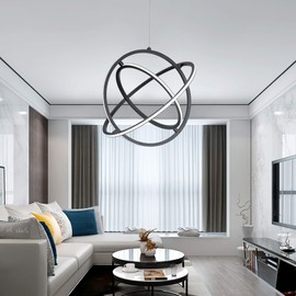 SUNMOO Modern LED Pendant Light Dimmable Creative Chendalier Adjustable Hanging Pendant Lighting Circle 3 Rings 6000K Cool Light Fixture for Dining Room Bedroom Kitchen Island Hall 80W (Black)
