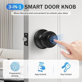 Fingerprint Door Lock, Smart Fingerprint Door Knob with Lock, Biometric Door Lock with App Control, Keyless Thumbprint Entry Door Lock for Bedroom, Apartment, Front Door, Home(Black)