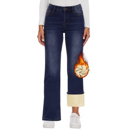 KDF Fleece Lined Jeans Women High Waisted Wide Leg Baggy Jeans for Women Winter Lined Jean Pants Navy Blue Size 14