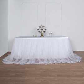17FT Extra Long 48" Two Layered Tulle & Satin Table Skirt - White | White