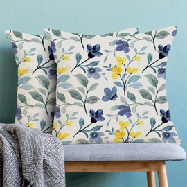 BETGINY Spring Pillow Covers 20x20 Inch 2 Pcs, Blue and Yellow Flower Decorative Throw Pillows,Vintage Plant Floral Summer Seasonal Outdoor Decor Pillowcase Linen Cushion Cover for Couch Sofa