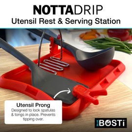 Blue Bosti Nottadrip Silicone Spoon Rest for Stove Top - Kitchen Spoon Rest for Countertop, Ladle Holder, All in 1 Serving Station, Elevate Handles, Drip to Tray, Mess Free - 3PC Set No Trivet - Red
