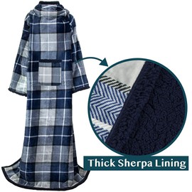 PAVILIA Deluxe Sherpa Fleece Blanket with Sleeves for Women Men Adult, Wearable Blanket Warm Cozy, Super Soft Thick Sleeved Throw with Arms Pocket, Gift for Women Mom Wife (Plaid Navy)