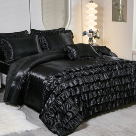 MOVE OVER 6 Pieces Black Comforter Set Twin Size Satin Bed in a Bag Luxury and Elegent Black Ruffle Bedroom Comforter Set for Summer Silk Like Waterfall Ruffled Design Boho Bedding Set