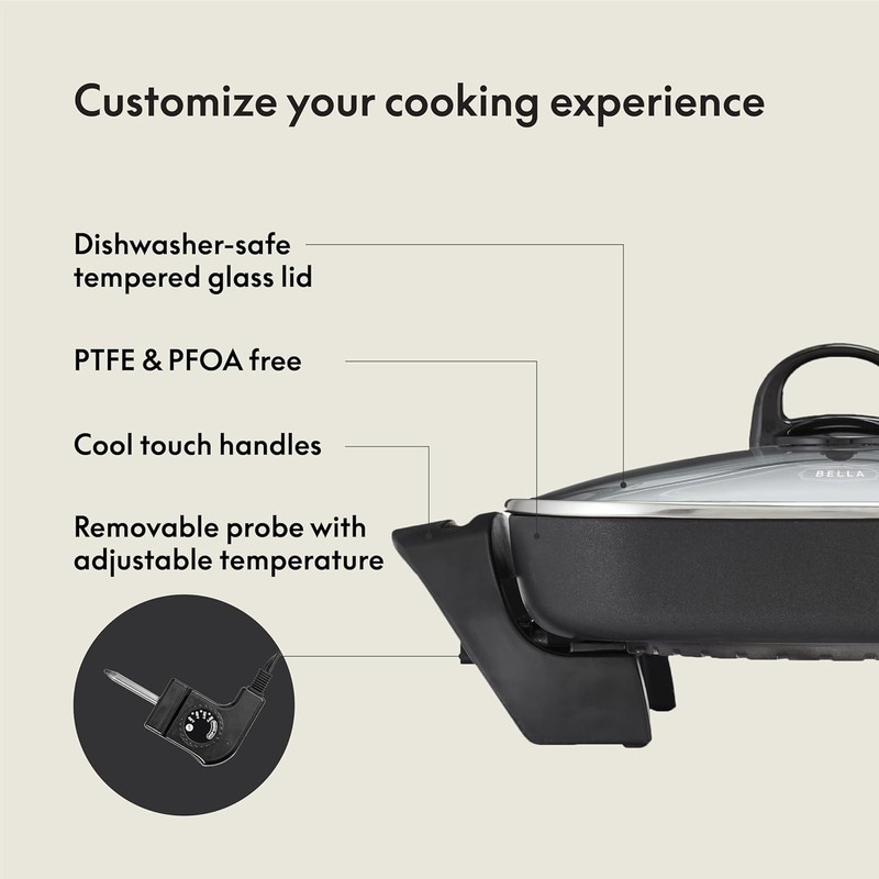 BELLA Electric Ceramic Titanium Skillet, Roast, Fry and Steam, Healthy-Eco