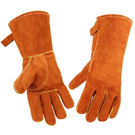 Xndryan Leather BBQ Gloves, 14 IN Extreme Heat Resistant Gloves Fire Proof Gloves for Grill, Barbecue, Fireplace, Oven, Baking, Stove, Welding, Firefighting, Cowhide Leather Gloves for Men Women