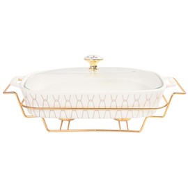 jinsongdafa 11" x 8" Ceramic Casserole Dish with Glass Lid and Rack, 50 ounce Serving Soup Tureen,Chafing Dish for Buffet, Family Food preserve Tray, Catering Casserole for Party Style, White