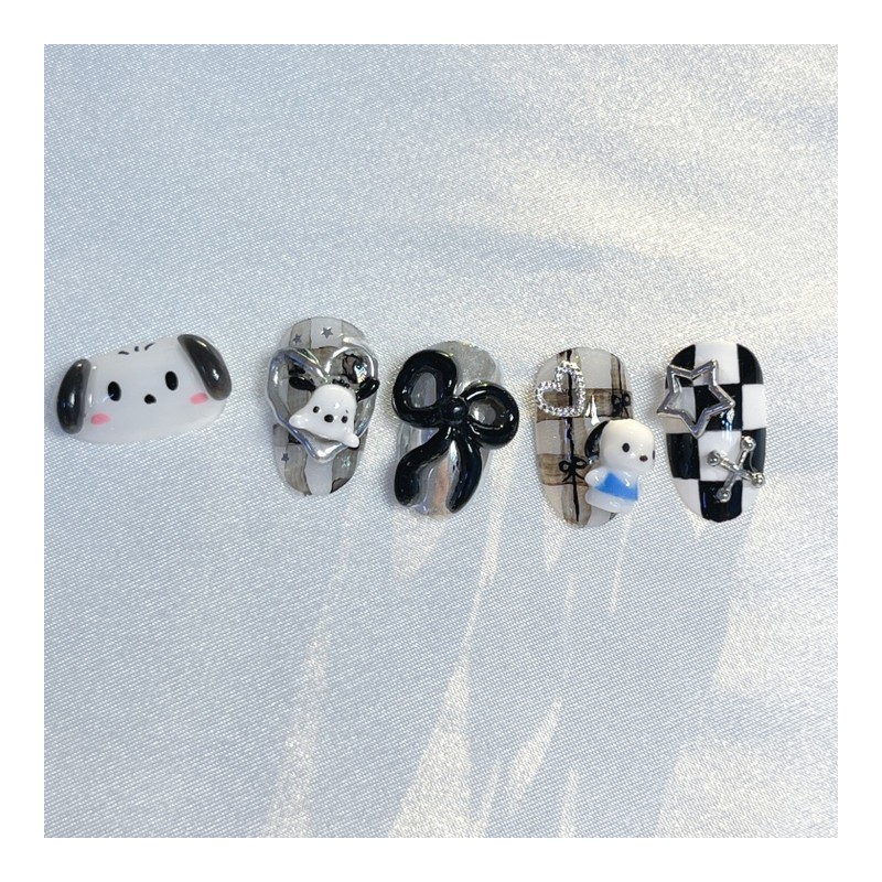 [Premium handmade embossed nails] Black dog nails - Almond /