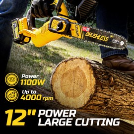 12 inch Brushless Chainsaw, Cordless Saw with Battery and Charger, 5.9Lb Super Lightweight & Compact, Auto Oiler, 5.0Ah Battery 1100w Power, Handheld Chain Saw for Wood Cutting, Tree Trimming, Pruning