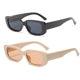 YAMEIZE Rectangular Sunglasses for Men and Women Pack of 2 90s Vintage Small Square Small Lenses UV400 Protection, Black + Beige
