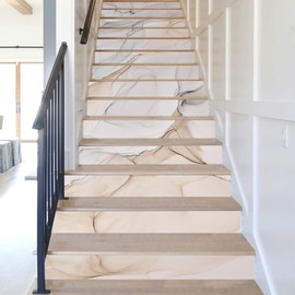 funlife 14Pcs Art Deco Modern Marble Peel and Stick Vinyl Stair Riser Decals Stickers, 39.37"x7.09" Antique White Marble