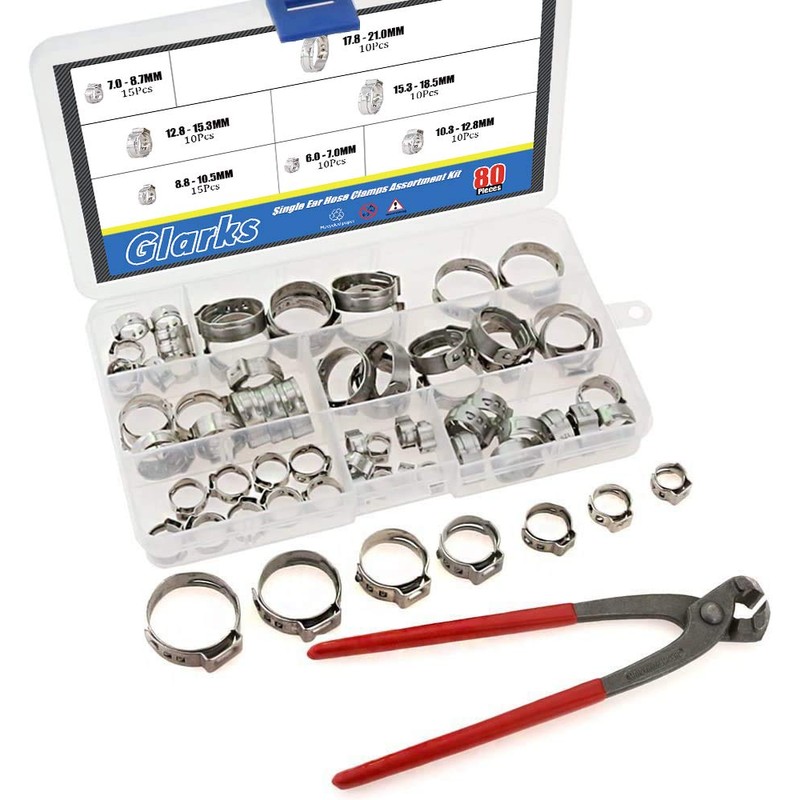 Glarks 80Pcs 7-21mm 304 Stainless Steel Single Ear Hose Clamps