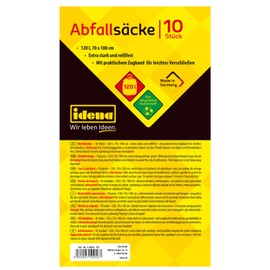 Idena 50056 Waste Bags, Blue, 1 Roll of 10 Pieces, 120 Litres, 40µ Extra Strong and Tear-Resistant, with Practical Drawstring, Drawstring Bags