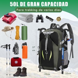Mochila senderismo hombre y mujer de 50L Ligera, mochila de camping con bolsillo impermeable, mochila hiking para acampar, campismo, deportes al Aire Libre, Negro
