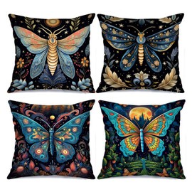 Tucocoo 4 Pcs Mystic Moth Pillow Covers Square Pillow Cushion Cases 18x18 Inches, Watercolor Floral Pillow Cases Decorative Modern Abstract Butterfly Pillowcase for Sofa Bed Couch Throw Pillow Covers