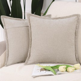 Madizz Fringe Chenille Cushion Covers Set of 2 Super Soft Boho Throw Pillow Covers Decorative Plain Throw Pillowcases Modern Home Decor for Sofa Bedroom Light Taupe 24x24 inch, 60x60 cm