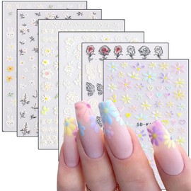 5D Embossed Flower Nail Art Stickers Decals, Holographic Engraved Flowers Nail Self-Adhesive Sticker Designs, Colorful Floral Daisy Leaf Rose Nail Transfer Decal for Women DIY Finger Toe Decorations