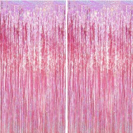 2 Pack Foil Curtain Backdrop, Metallic Tinsel Fringe Curtains Party Decorations for Birthday, Wedding, Engagement, Baby Shower, Hen Party, Christmas, Holiday Celebration (39 x 98 in, Light Pink)