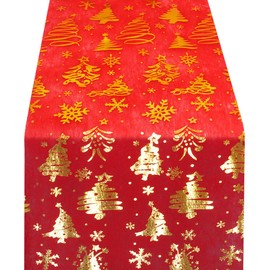 Table Runner Christmas Red, Table Runner Christmas Roll with Gold Christmas Tree Pattern, 28 cm x 500 cm, Organza Table Runner, Shiny Table Decoration, for Christmas, New Year's Eve, Advent Season,